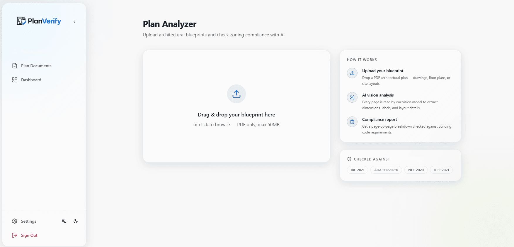PlanVerify light mode plan analyzer with blueprint upload